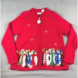 White Stag Red Penguin Ugly Christmas Cardigan‎ Sweater Holiday Festive Large